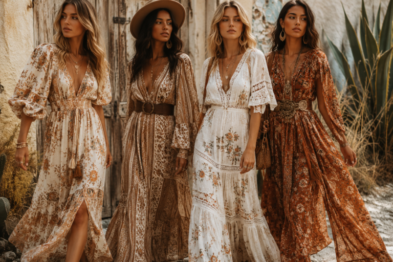 Women wearing elegant boho chic maxi dresses in earthy tones with flowing fabrics and modern bohemian style for 2026.