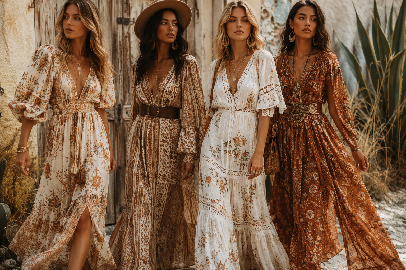 Women wearing elegant boho chic maxi dresses in earthy tones with flowing fabrics and modern bohemian style for 2026.