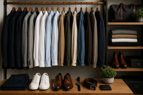 Modern men's capsule wardrobe featuring neatly organized shirts, jackets, jeans, leather shoes, white sneakers, and classic accessories in a minimalist closet.