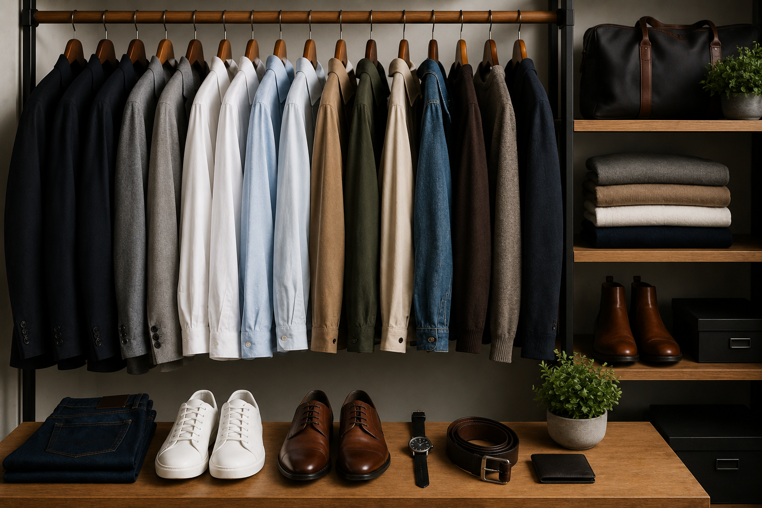 Modern men's capsule wardrobe featuring neatly organized shirts, jackets, jeans, leather shoes, white sneakers, and classic accessories in a minimalist closet.