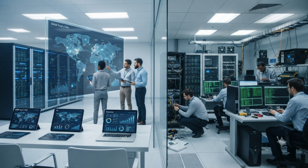 A split-screen illustration showing a centralized, cloud-based hub connected to various mobile and remote devices on the left, contrasting with a traditional on-site server room staffed by IT personnel on the right.
