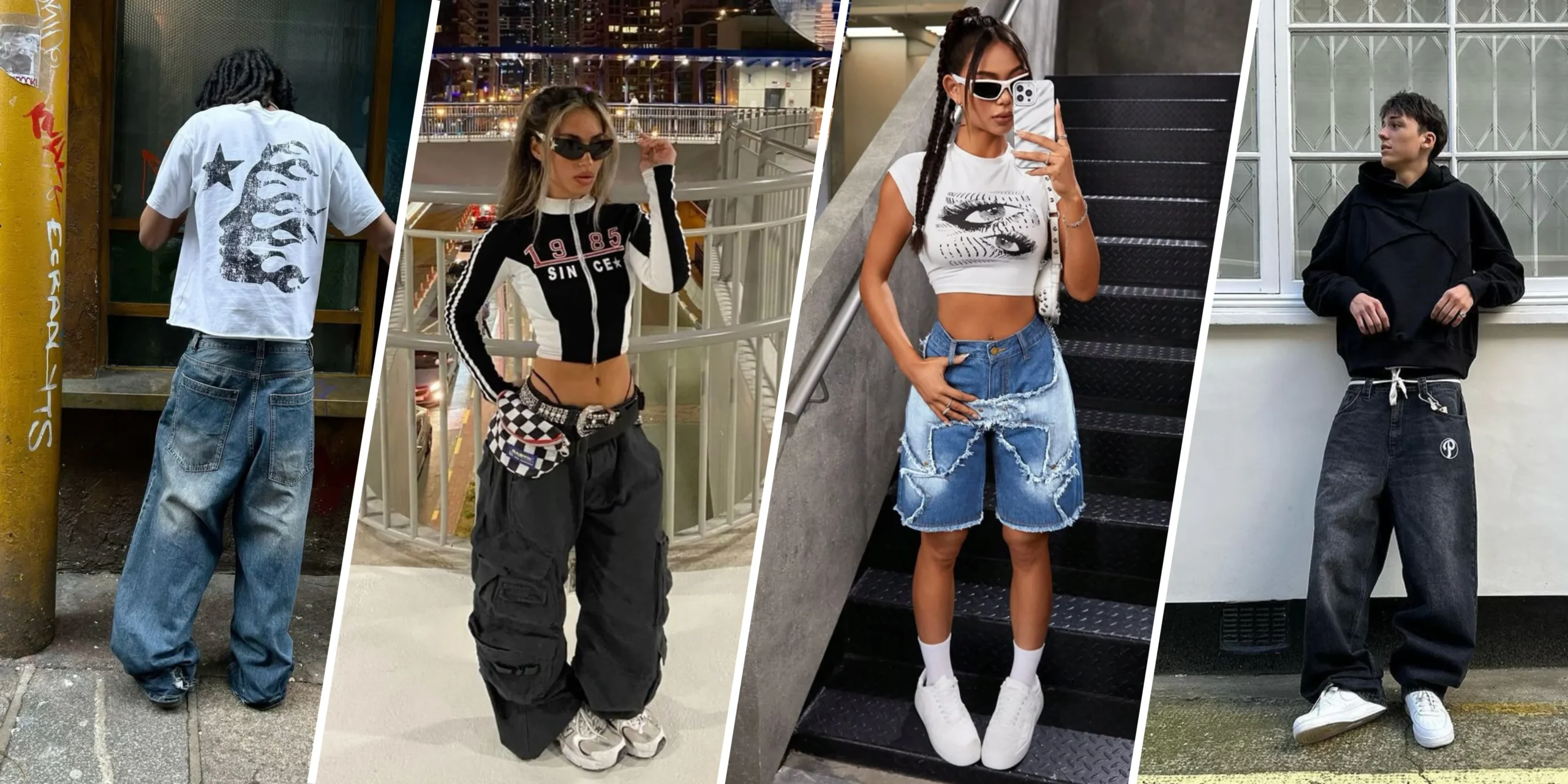 Male model wearing a modern Y2K fashion outfit featuring an oversized white graphic T-shirt, baggy blue jeans, sunglasses, and streetwear accessories in an urban setting.