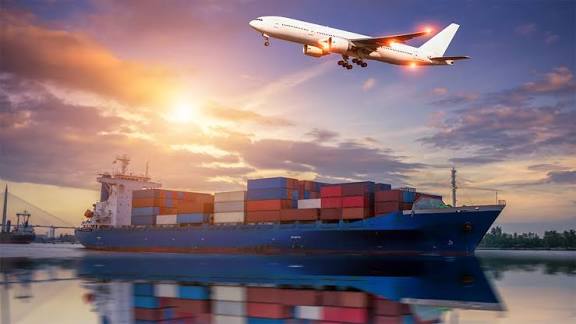 Global cross border e commerce concept featuring cargo containers, a cargo ship, an airplane, a delivery truck, shipping boxes, and a globe representing international online business and worldwide trade.