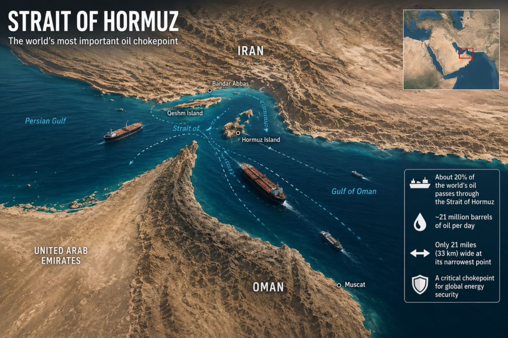 High-resolution map of the Strait of Hormuz showing the strategic waterway between Iran and Oman, major shipping lanes, oil tankers, the Persian Gulf, Gulf of Oman, Bandar Abbas, and surrounding countries.