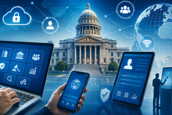 A modern government building connected with digital devices, cloud technology, cybersecurity, and online public services, illustrating e-governance, digital transformation, secure government systems, and smart public administration in 2026.