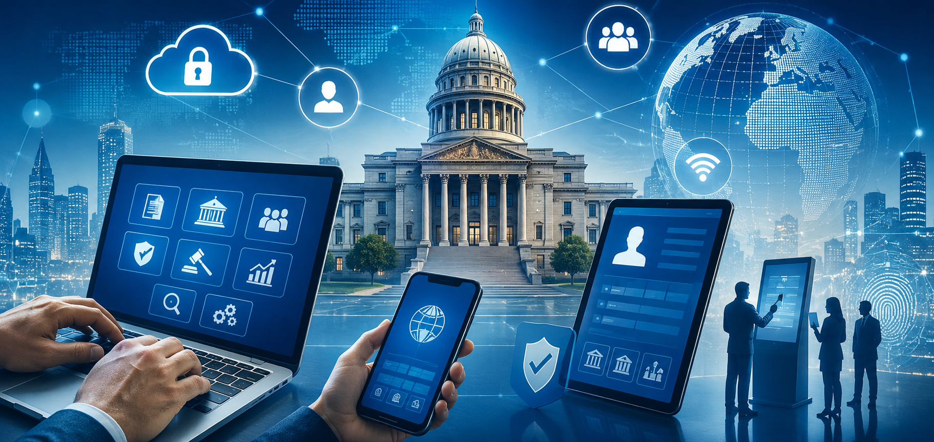 A modern government building connected with digital devices, cloud technology, cybersecurity, and online public services, illustrating e-governance, digital transformation, secure government systems, and smart public administration in 2026.