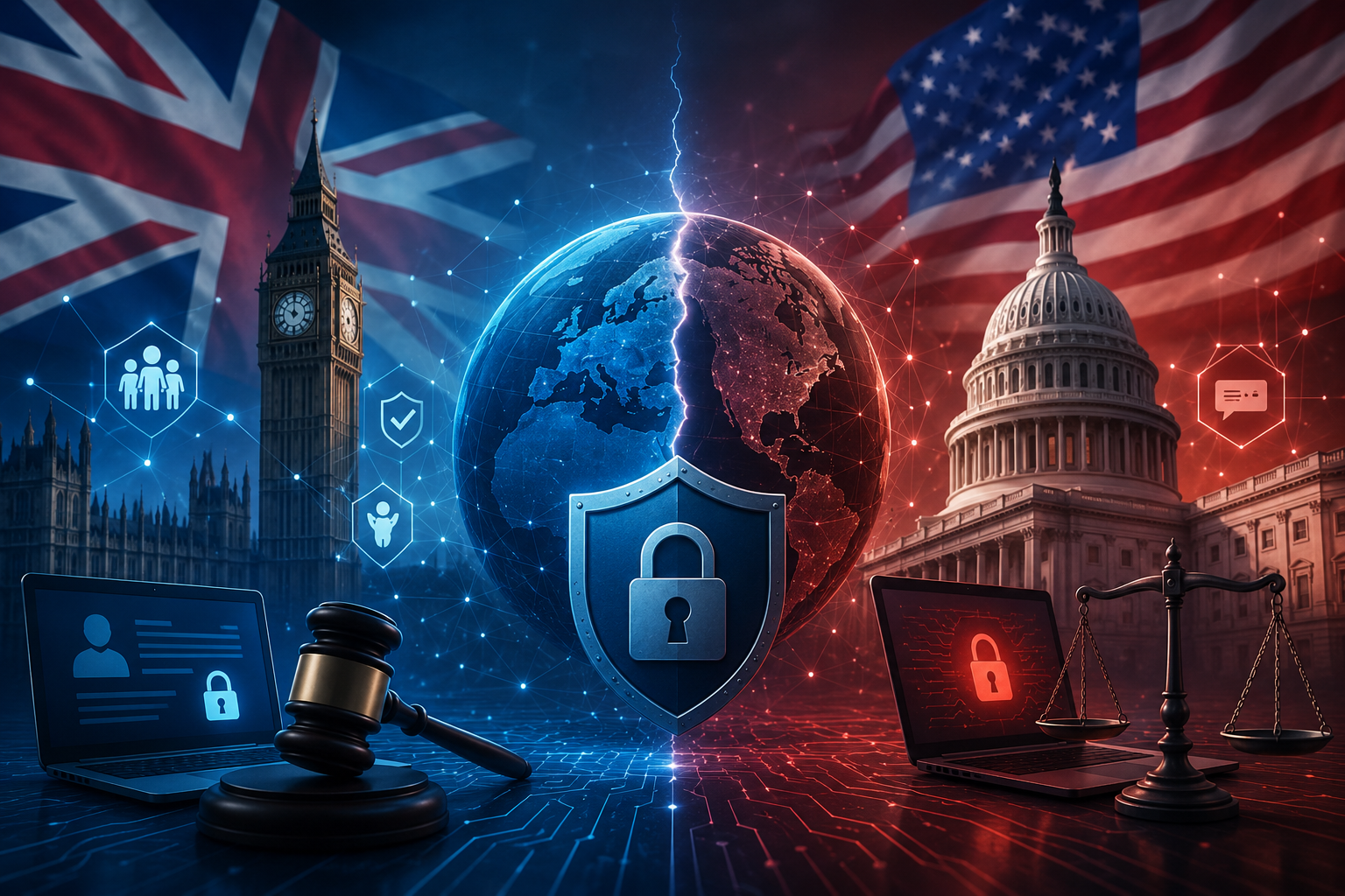 Digital illustration representing E safety, online privacy, and the UK-US debate over internet regulation.