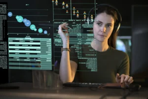 Entry-Level Data Science Careers workspace showing a professional analyzing data dashboards, machine learning models, and business analytics technology.