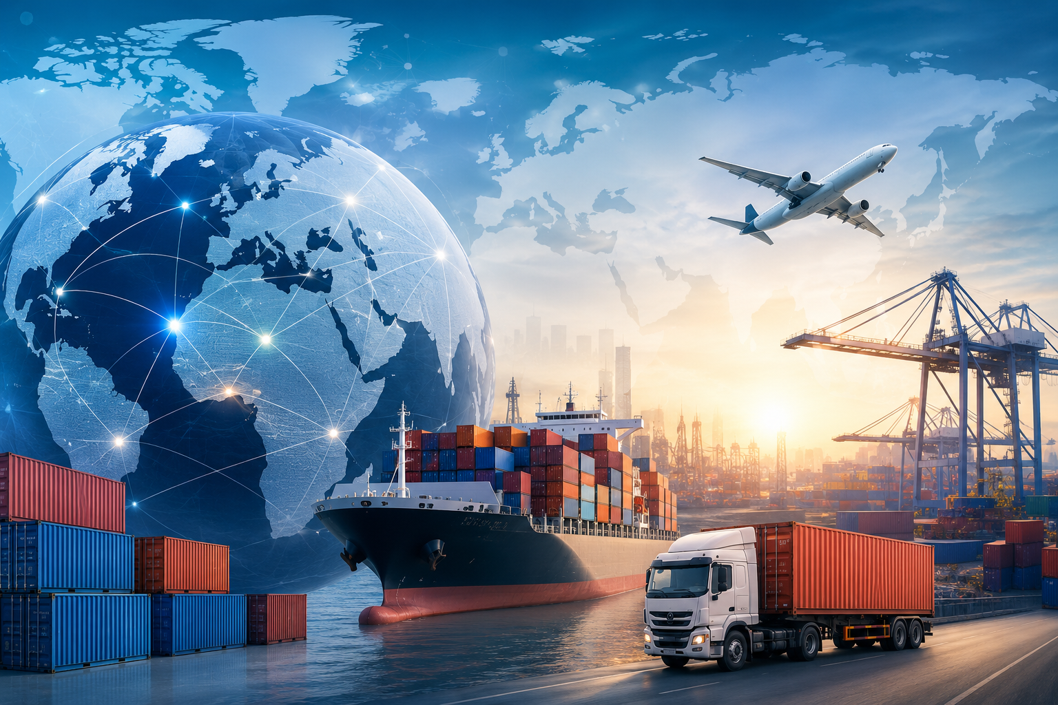 Digital illustration of global trade featuring a world map, connected globe, cargo ship with shipping containers, cargo airplane, freight truck, and a modern seaport with cranes, symbolizing international trade, logistics, import-export, and global supply chains in 2026.Digital illustration of global trade featuring a world map, connected globe, cargo ship with shipping containers, cargo airplane, freight truck, and a modern seaport with cranes, symbolizing international trade, logistics, import-export, and global supply chains in 2026.