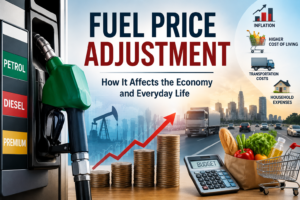 Fuel pump with rising fuel costs, transportation, groceries, and economic growth symbols illustrating how fuel price adjustments affect the economy, inflation, and everyday living expenses.