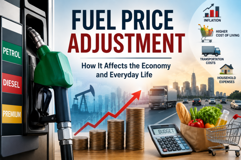 Fuel pump with rising fuel costs, transportation, groceries, and economic growth symbols illustrating how fuel price adjustments affect the economy, inflation, and everyday living expenses.