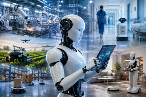A futuristic humanoid robot surrounded by industrial, healthcare, warehouse, agricultural, and home robots, illustrating the future of robotics and AI-driven automation in 2026.