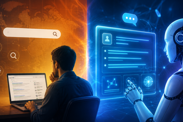 Futuristic illustration showing comparison between human working on computer and AI robot interacting with digital interface, representing GEO vs SEO in modern search technology.