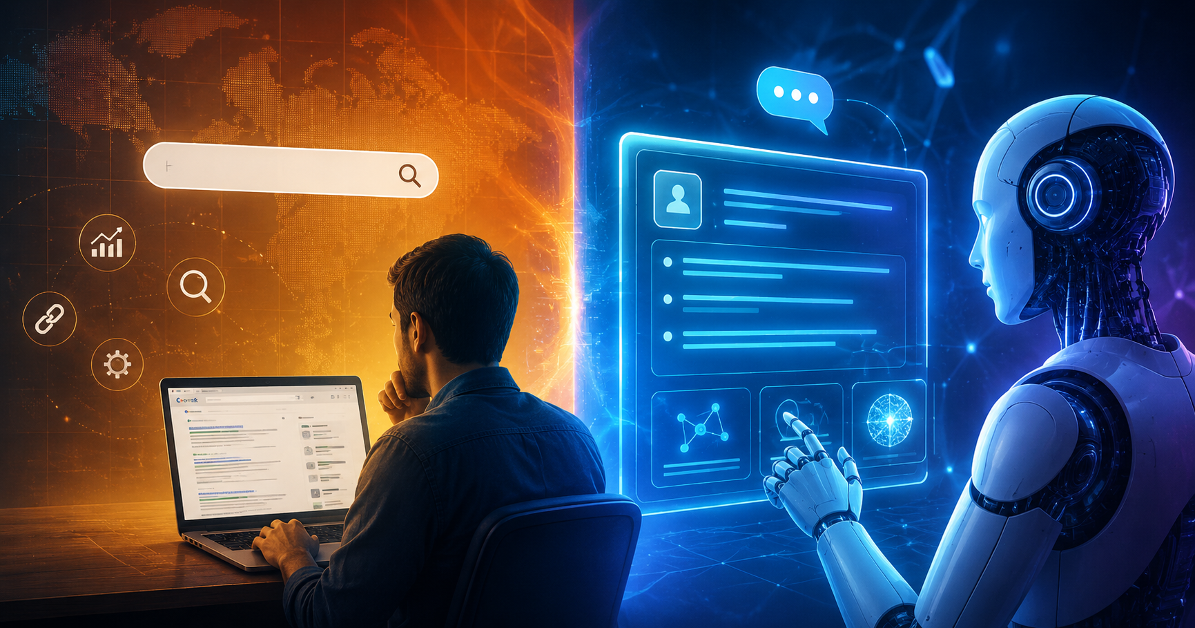 Futuristic illustration showing comparison between human working on computer and AI robot interacting with digital interface, representing GEO vs SEO in modern search technology.
