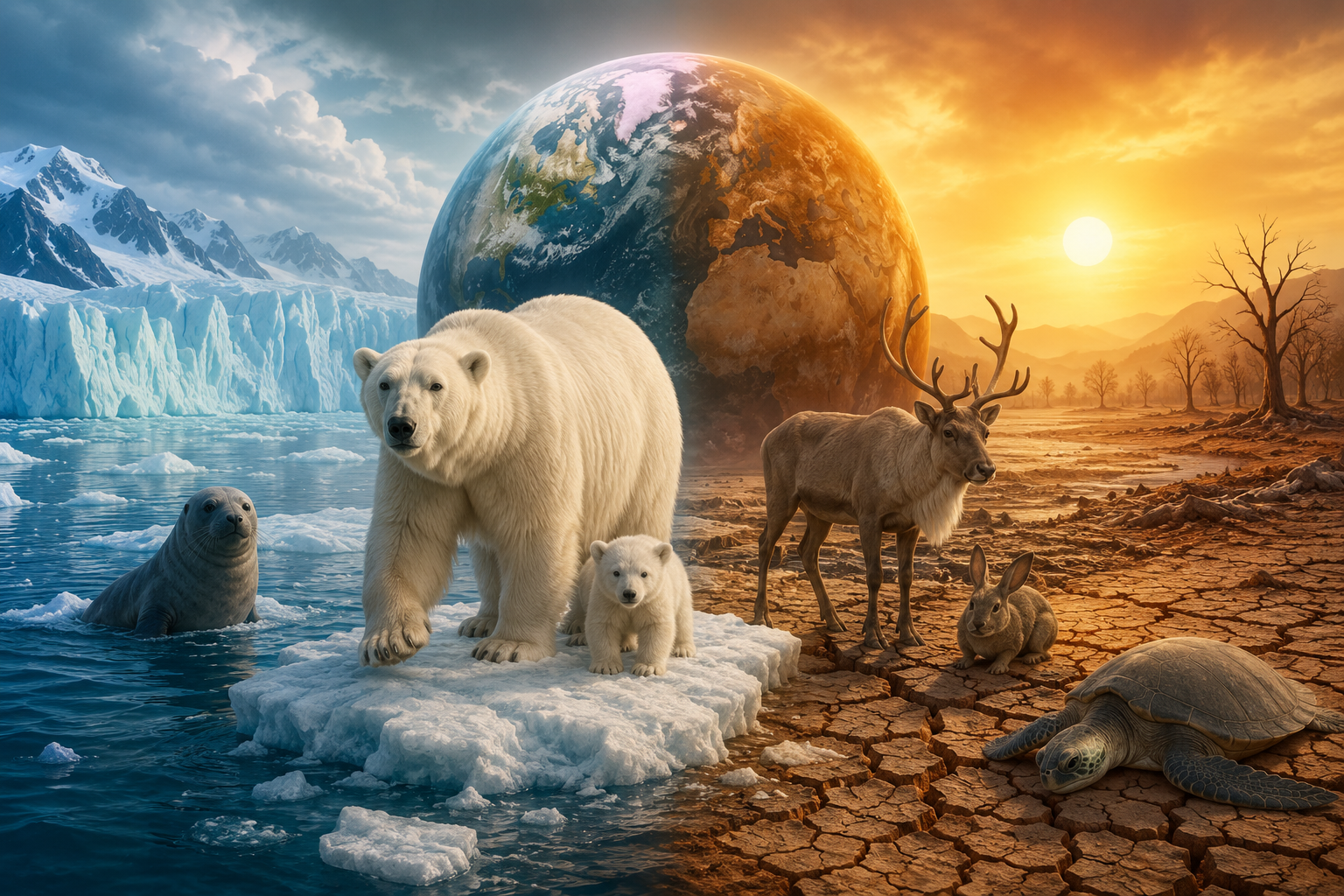 Illustration showing wildlife affected by climate change, including melting Arctic ice, drought, and changing habitats across the Earth.