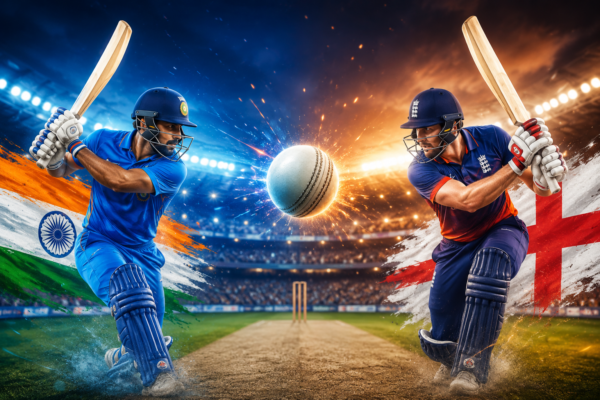 Dynamic cricket banner featuring Indian and England batters facing off in a packed stadium with a cricket ball at the center, representing the India vs England T20 World Cup 2026 semi-final.
