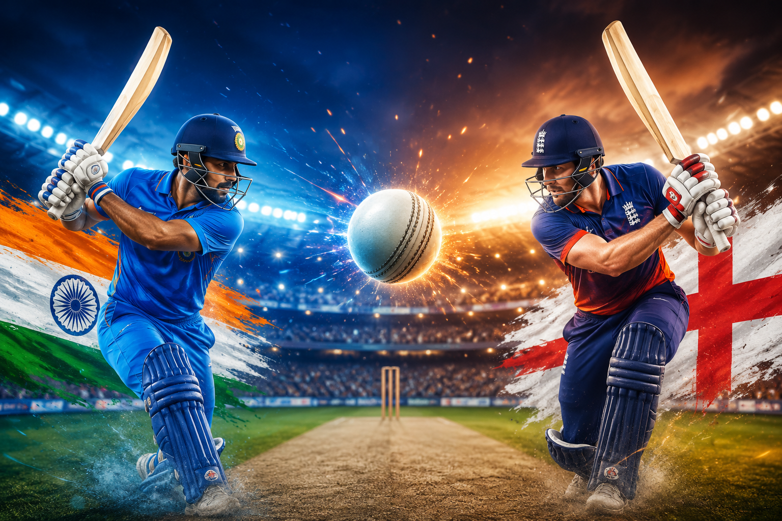Dynamic cricket banner featuring Indian and England batters facing off in a packed stadium with a cricket ball at the center, representing the India vs England T20 World Cup 2026 semi-final.