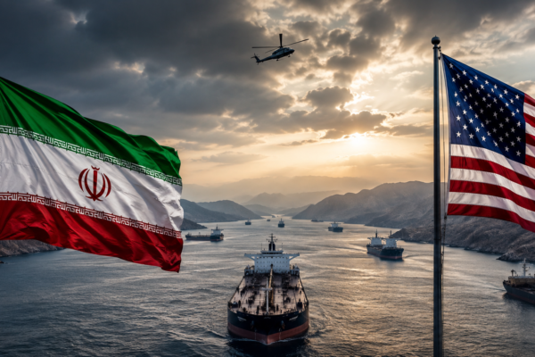 Realistic view of oil tankers sailing through the Strait of Hormuz with the Iranian and U.S. flags, symbolizing rising geopolitical tensions and global shipping concerns in 2026.