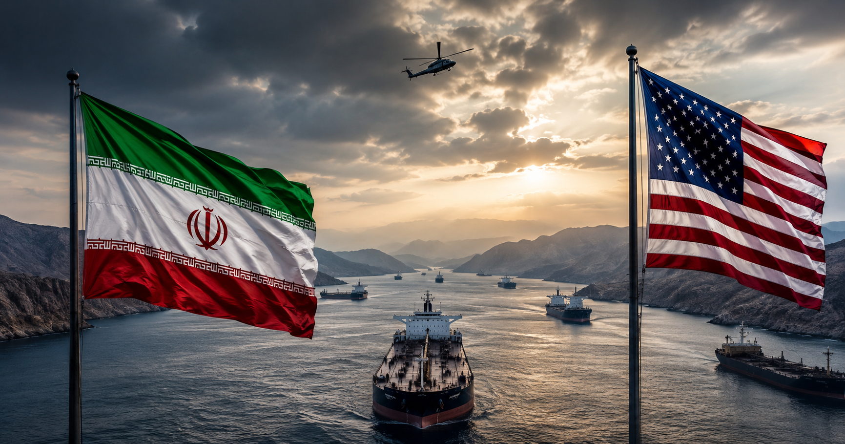 Realistic view of oil tankers sailing through the Strait of Hormuz with the Iranian and U.S. flags, symbolizing rising geopolitical tensions and global shipping concerns in 2026.