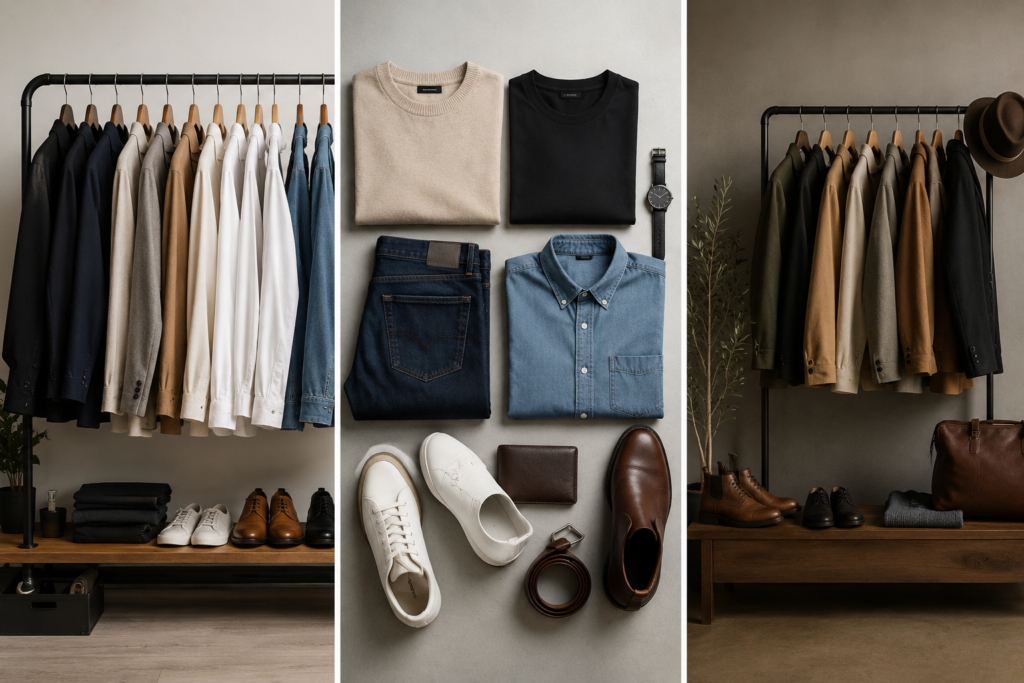 Minimal capsule wardrobe for men featuring neutral clothing, folded essentials, leather shoes, sneakers, jackets, and accessories arranged in a modern wardrobe.