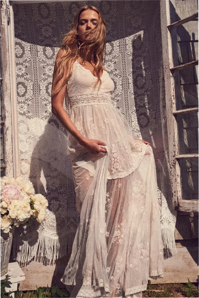 Stylish women in linen and cotton boho chic dresses featuring neutral colors, lace details, and relaxed silhouettes.