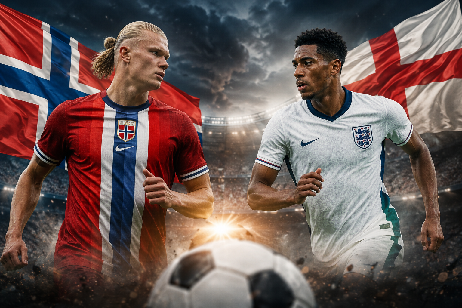 Realistic football stadium scene featuring Norway and England players facing off before their FIFA World Cup 2026 quarter-final match, with dramatic lighting and national flags in the background.