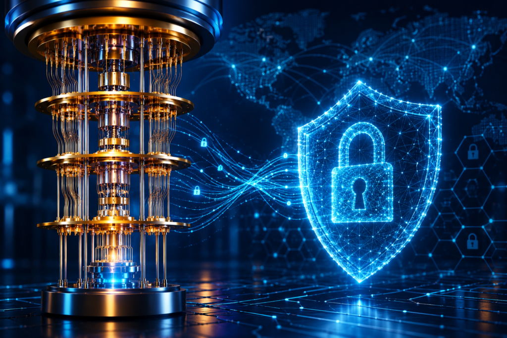 A futuristic quantum computer connected to a glowing digital cybersecurity shield with encrypted data streams, representing quantum computing applications in cybersecurity and next-generation data protection.
