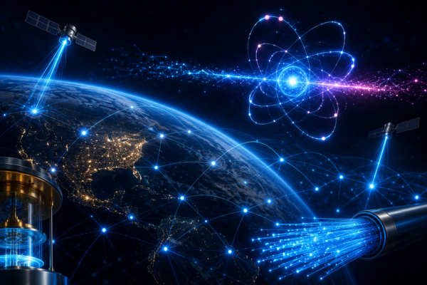 A futuristic illustration of the Quantum Internet showing Earth connected by glowing quantum communication networks, satellites, and secure data transmission across a global digital infrastructure.