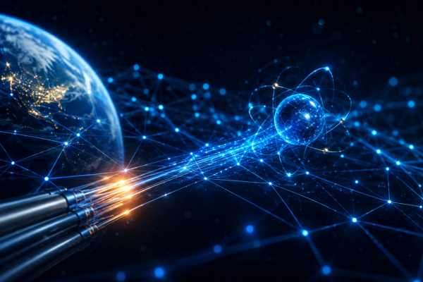 A futuristic visualization of the Quantum Internet featuring Earth connected through glowing quantum network lines, fiber-optic communication, and a quantum particle symbolizing secure next-generation data transmission.
