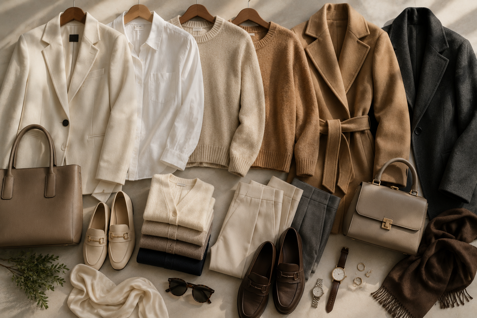 A minimalist capsule wardrobe featuring quiet luxury outfits with tailored blazers, cashmere sweaters, neutral trousers, leather loafers, handbags, and timeless accessories arranged in an elegant flat lay.