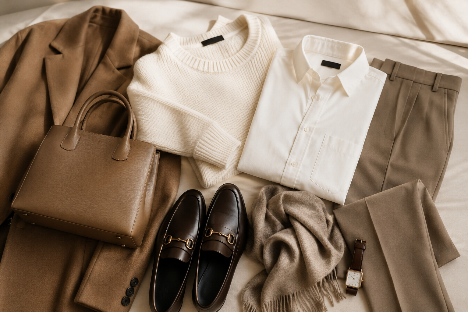A stylish collection of quiet luxury outfits featuring a tailored blazer, white shirt, cashmere sweater, neutral trousers, leather loafers, handbag, and elegant accessories arranged in a minimalist flat lay.