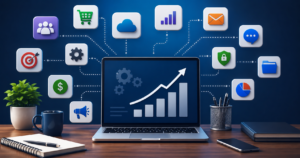 Modern digital workspace showcasing the best online business tools for managing productivity, marketing, communication, analytics, and business growth in 2026.