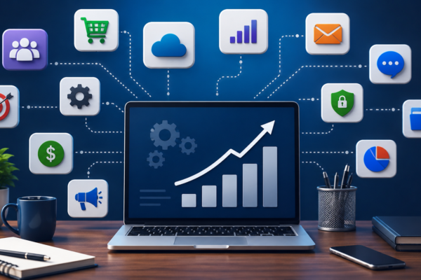 Modern digital workspace showcasing the best online business tools for managing productivity, marketing, communication, analytics, and business growth in 2026.