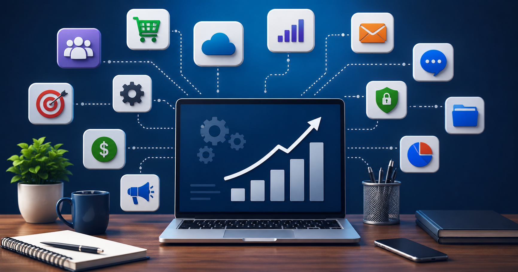Modern digital workspace showcasing the best online business tools for managing productivity, marketing, communication, analytics, and business growth in 2026.