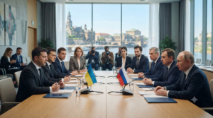 Ukraine peace talks between Russia and Ukraine with diplomats discussing a possible agreement and global security issues