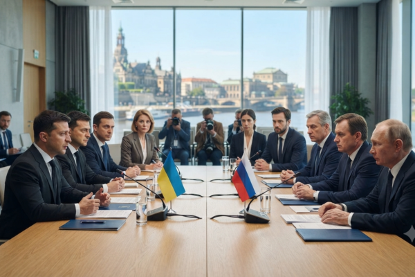 Ukraine peace talks between Russia and Ukraine with diplomats discussing a possible agreement and global security issues